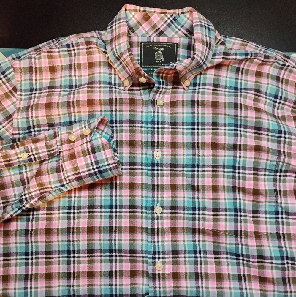 Maker & Company Mens Large Plaid Button Shirt Pink Teal Cotton Long Sleeve J